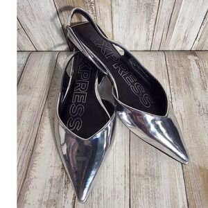 Express Womens Silver Metallic Mirror Pointed Toe Slingback Flats Size 6